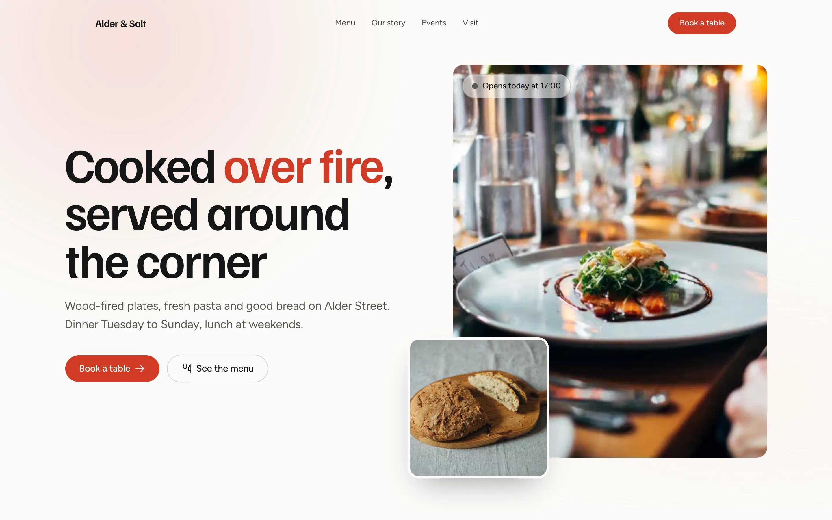 Alder & Salt, a restaurants and cafés website template